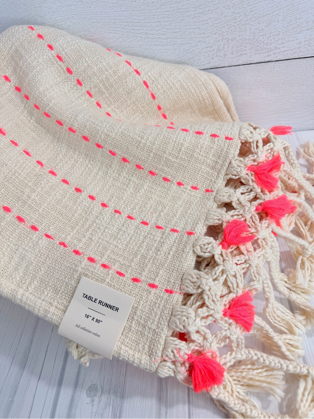 Anthropologie $68 Kai Cream Woven Table Runner with Neon Pink Stitching — NWT